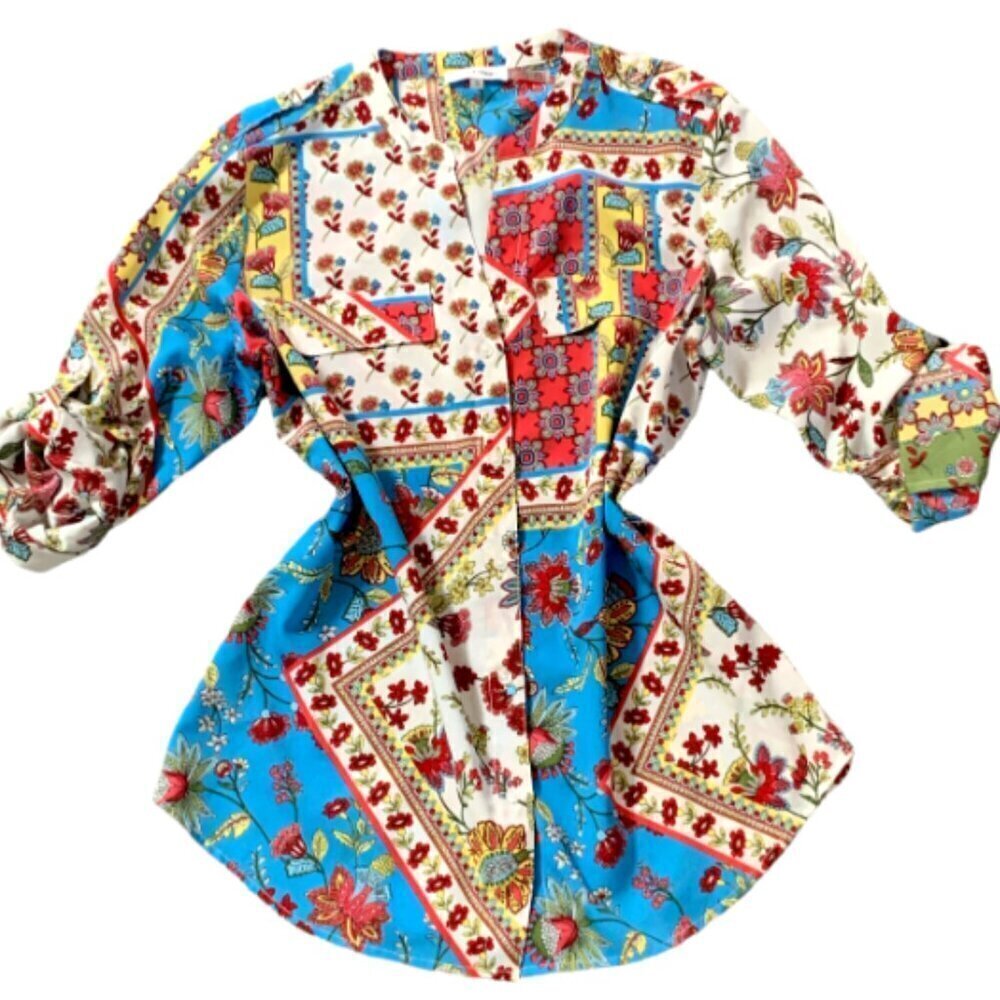 Calvin Klein Button Front Shirt Sz S Mixed Print Floral Patchwork Colorful #361H